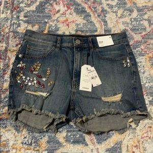 Express dark wash high rise jeweled shorts